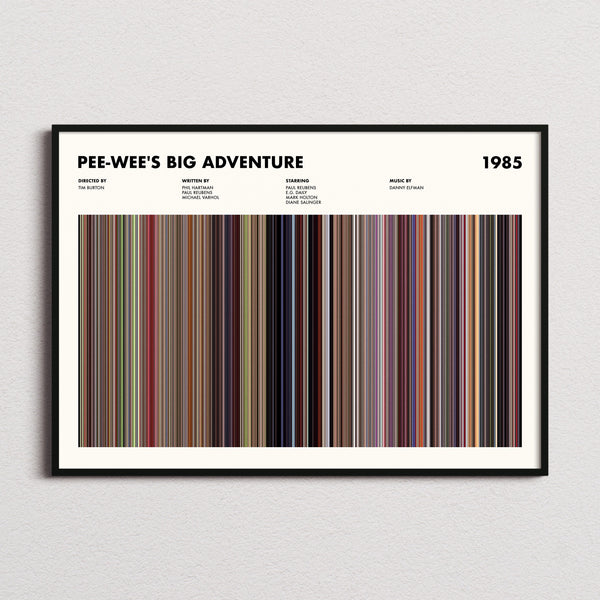 Pee-wee's Big Adventure Movie Barcode Poster framed and photographed straight on