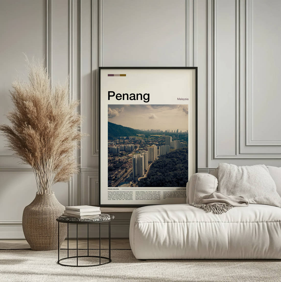 Penang Aerial View Of City Travel Print framed on the wall of a calm, neutral bedroom