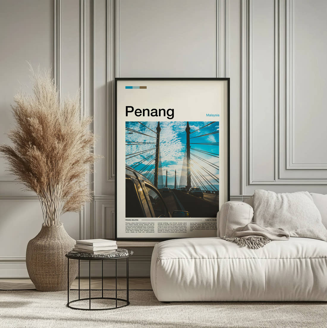 Penang Cable-Stayed Bridge Travel Print framed on the wall of a calm, neutral bedroom
