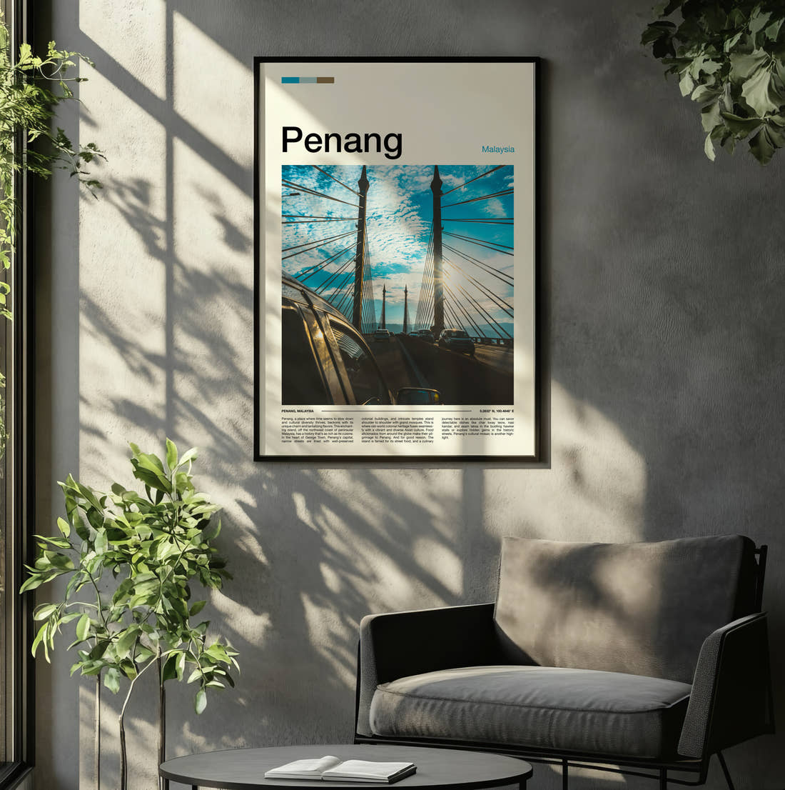 Penang Cable-Stayed Bridge Travel Print framed on the wall of a relaxed living room