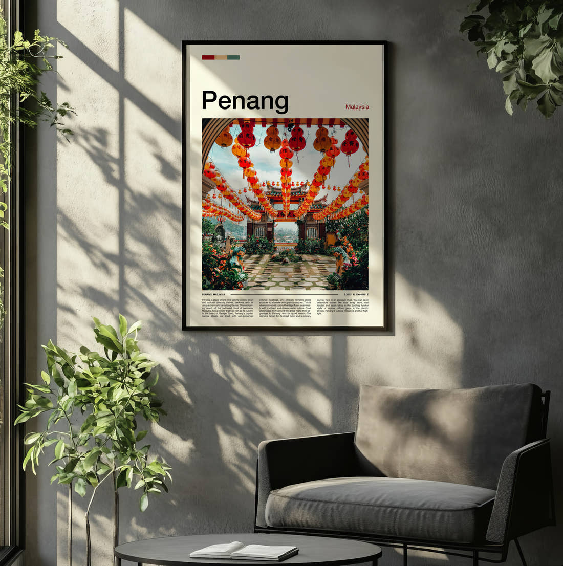 Penang Red Lanterns Travel Print framed on the wall of a relaxed living room