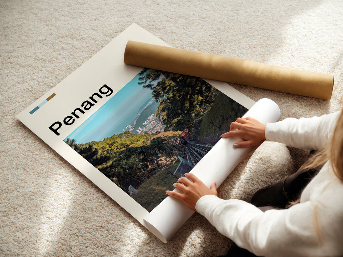 Penang Funicular Railway Travel Print being unrolled from its postal tube