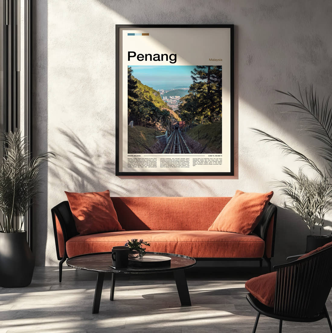 Penang Funicular Railway Travel Print framed on the wall of a modern living room