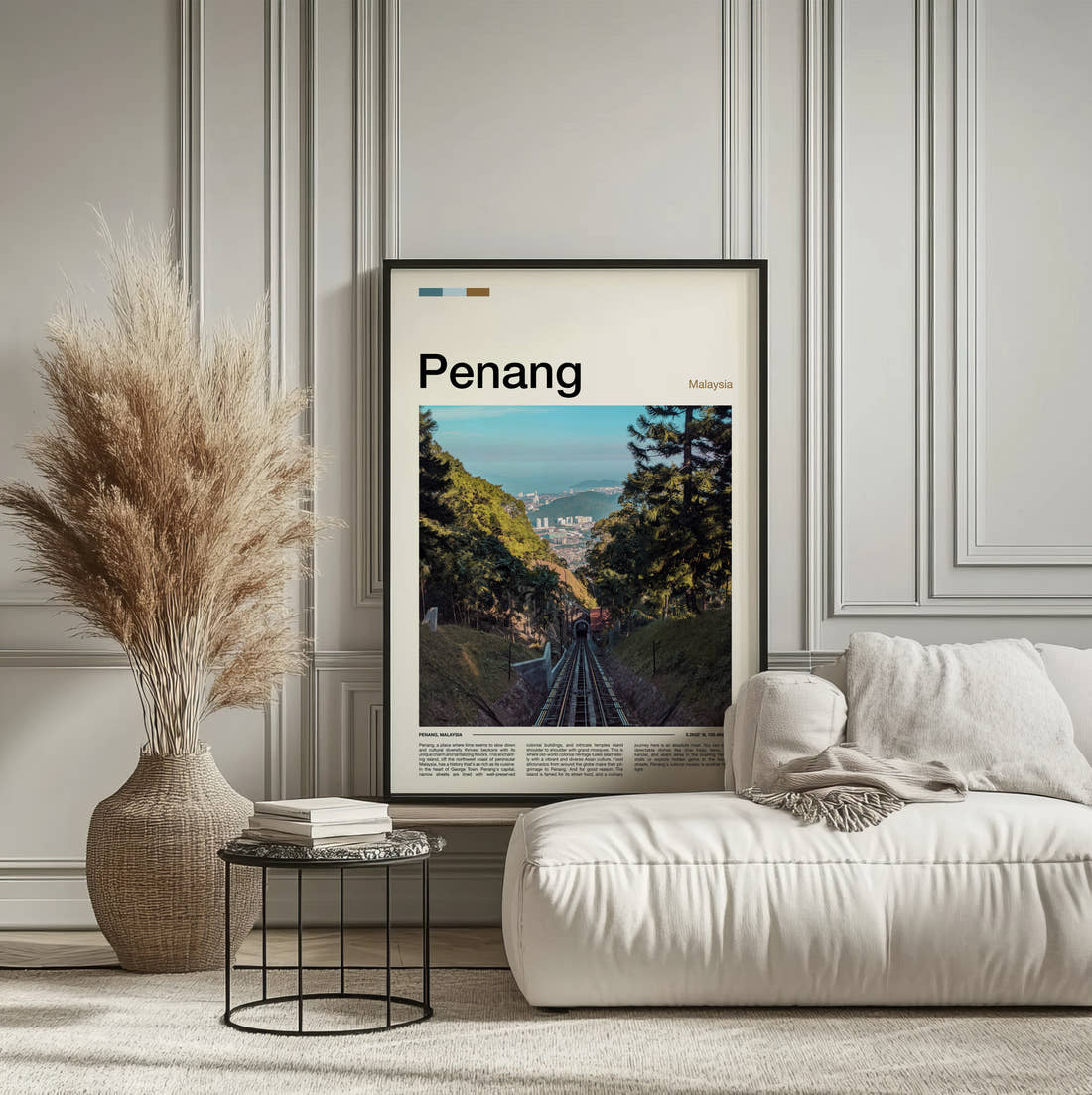Penang Funicular Railway Travel Print framed on the wall of a calm, neutral bedroom