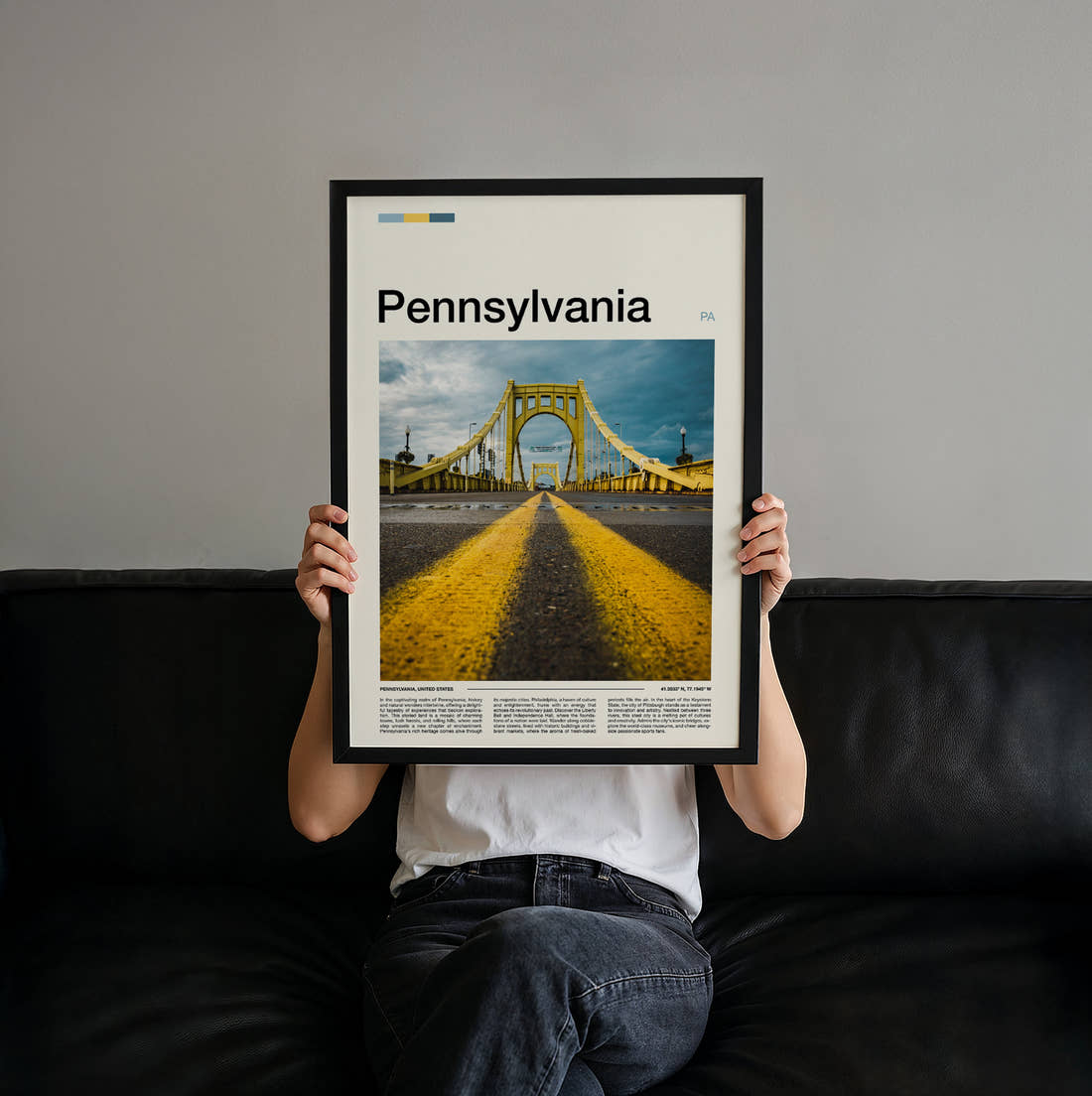 Pennsylvania Yellow Bridge Travel Print held up by hand to show the size of the print