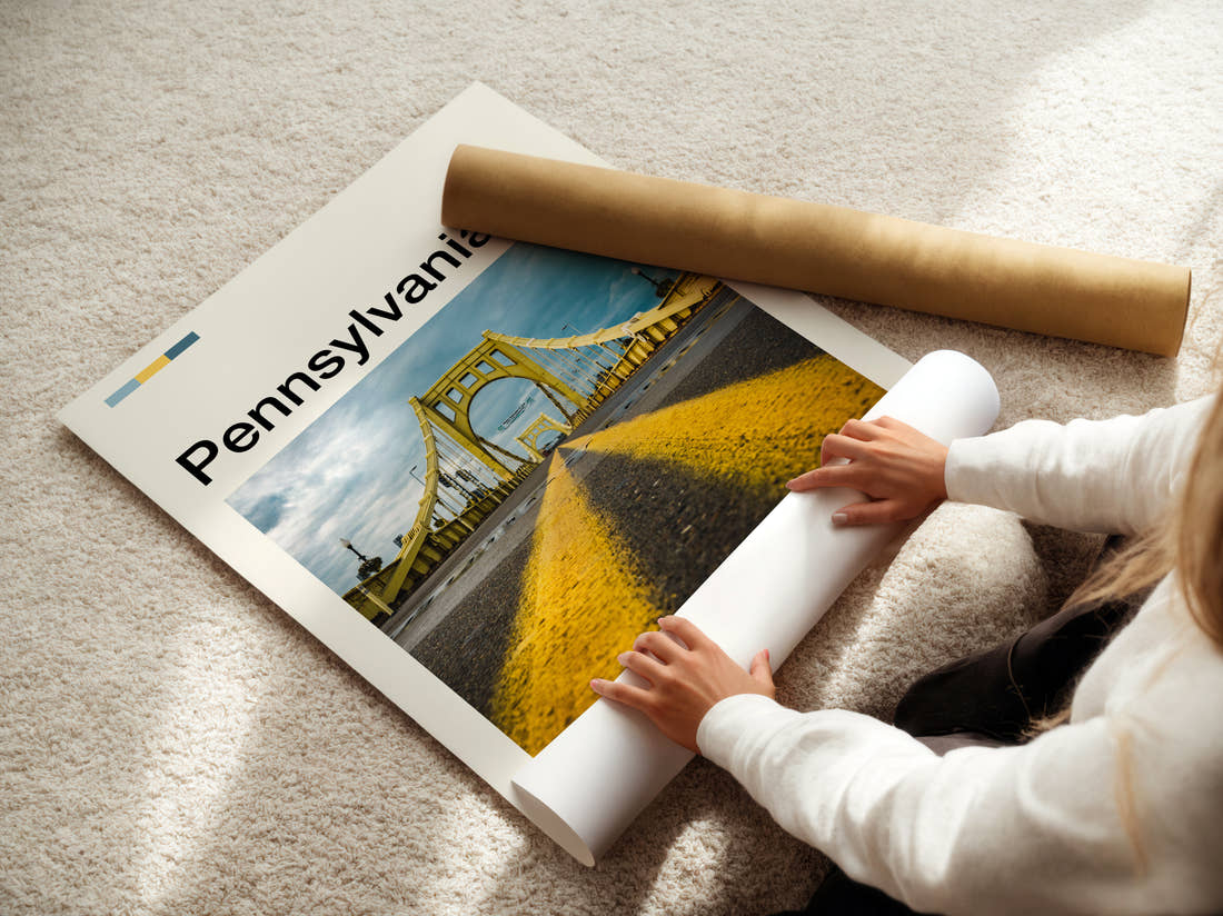Pennsylvania Yellow Bridge Travel Print being unrolled from its postal tube