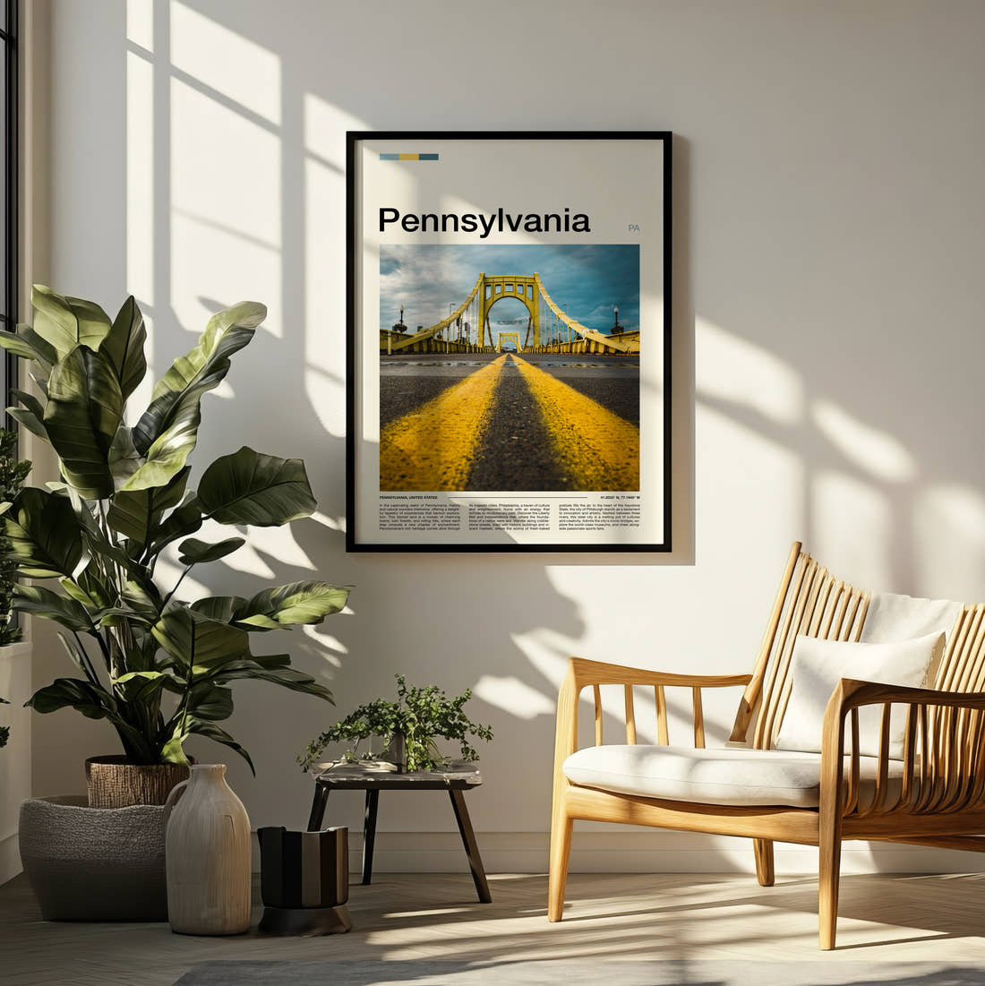Pennsylvania Yellow Bridge Travel Print framed on a pale wall beside houseplants