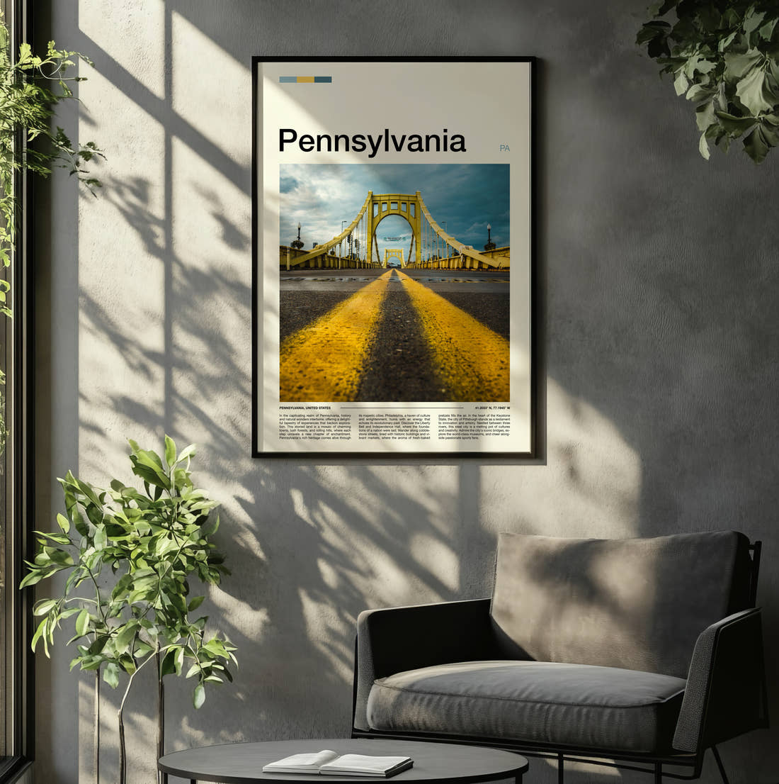 Pennsylvania Yellow Bridge Travel Print framed on the wall of a relaxed living room