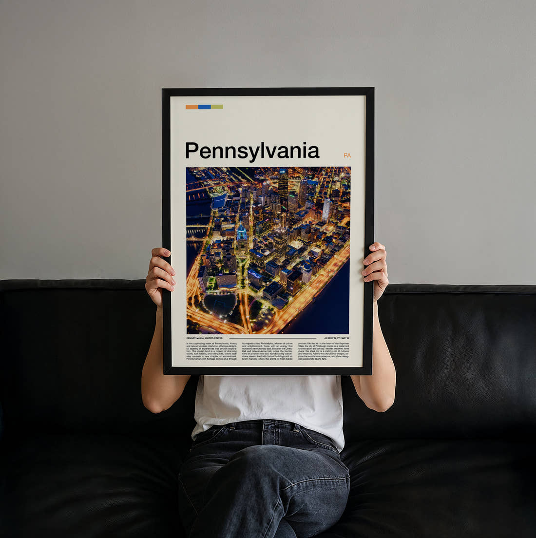 Pennsylvania Night Skyline From Above Travel Print held up by hand to show the size of the print