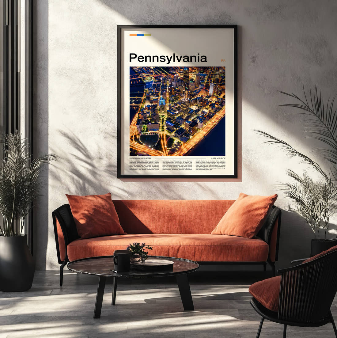 Pennsylvania Night Skyline From Above Travel Print framed on the wall of a modern living room