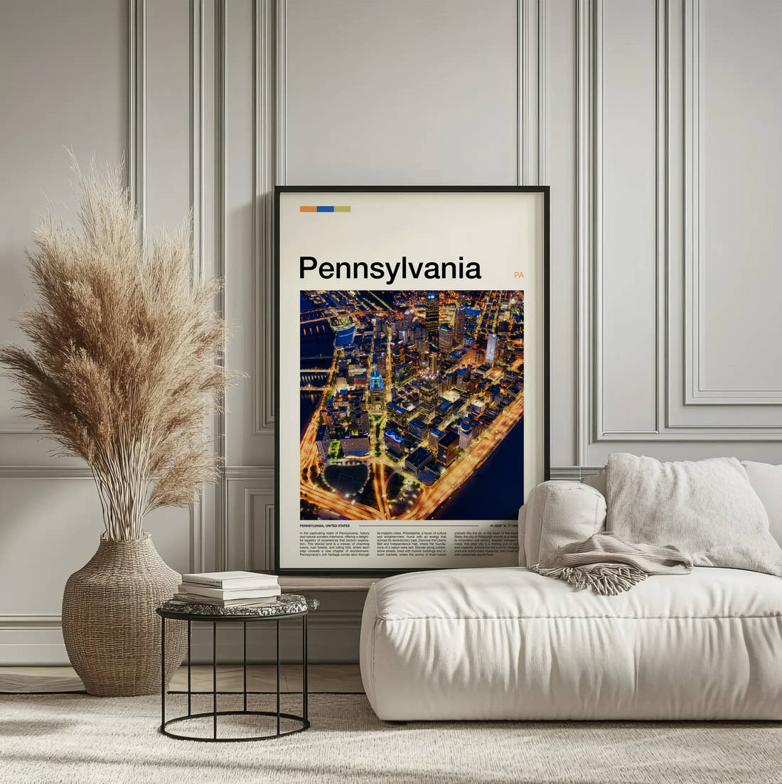 Pennsylvania Night Skyline From Above Travel Print framed on the wall of a calm, neutral bedroom