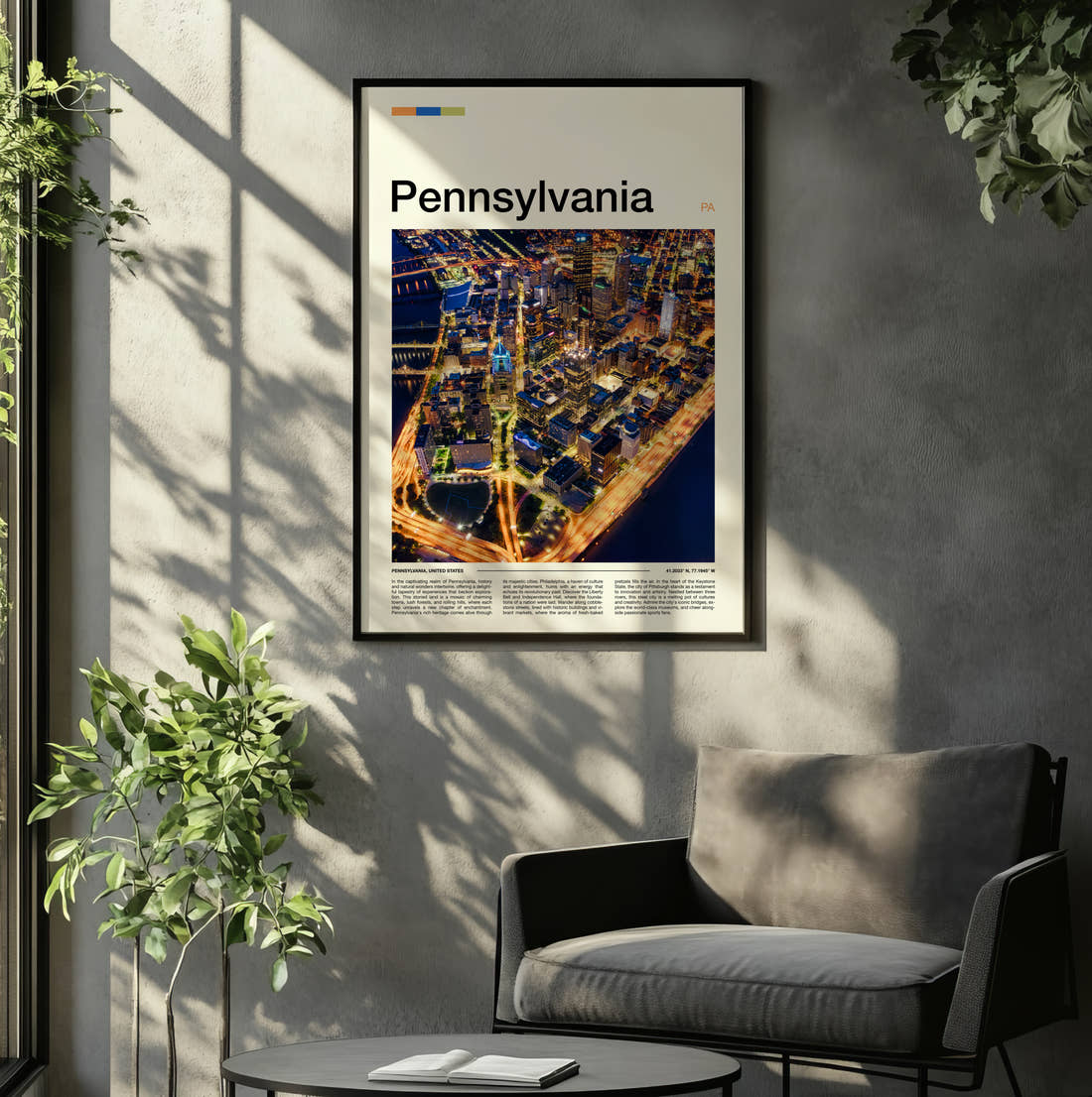 Pennsylvania Night Skyline From Above Travel Print framed on the wall of a relaxed living room