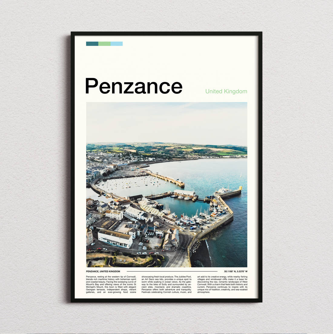 Penzance Harbour From Above Travel Print framed and photographed straight on