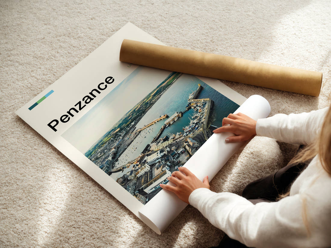 Penzance Harbour From Above Travel Print being unrolled from its postal tube
