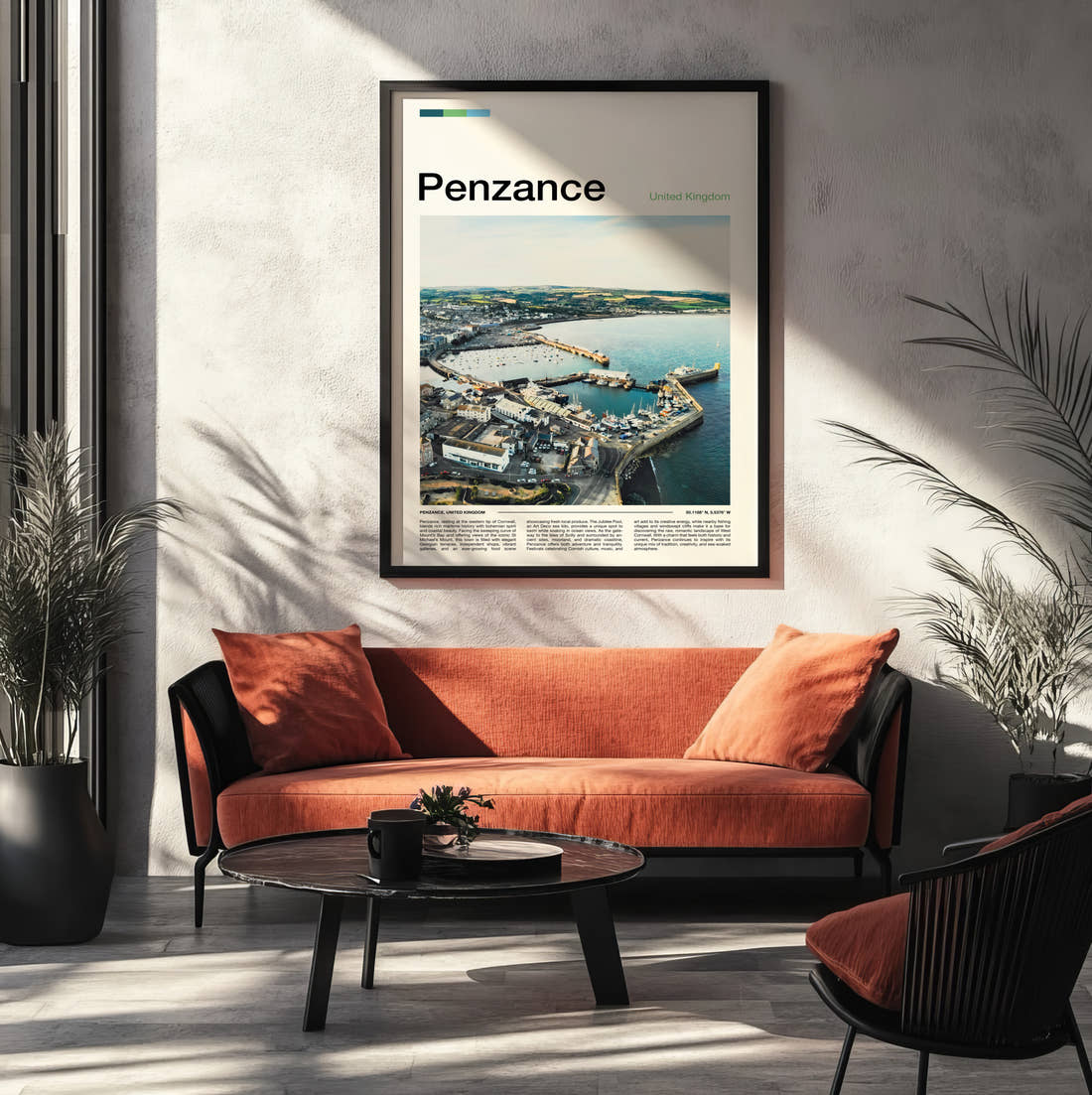 Penzance Harbour From Above Travel Print framed on the wall of a modern living room