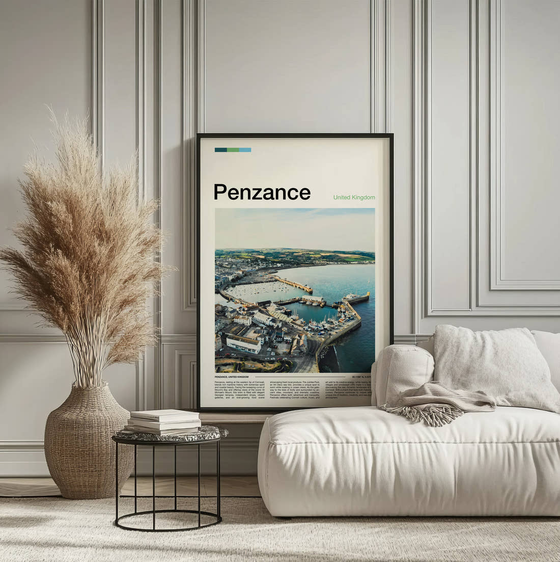 Penzance Harbour From Above Travel Print framed on the wall of a calm, neutral bedroom