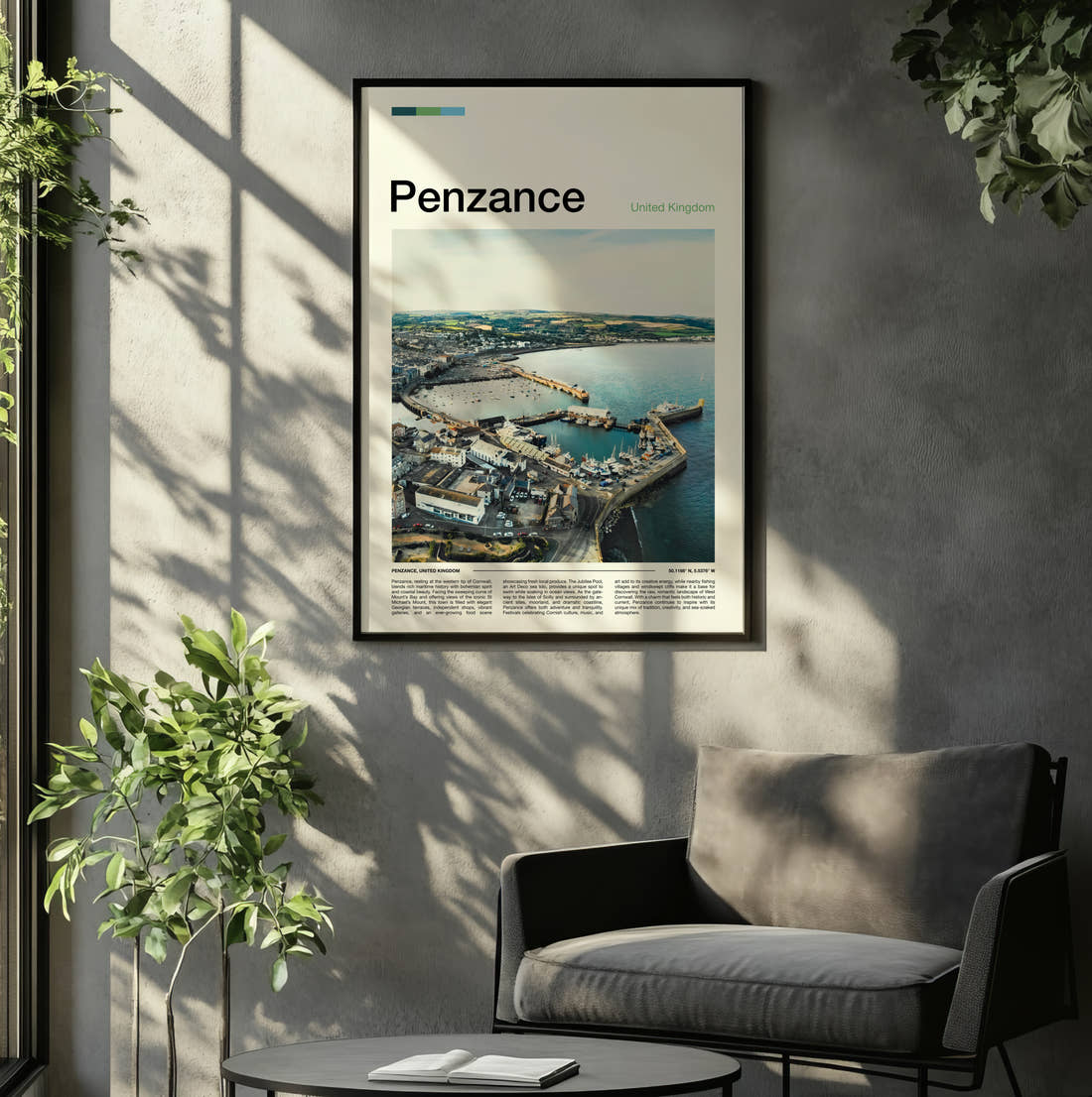 Penzance Harbour From Above Travel Print framed on the wall of a relaxed living room