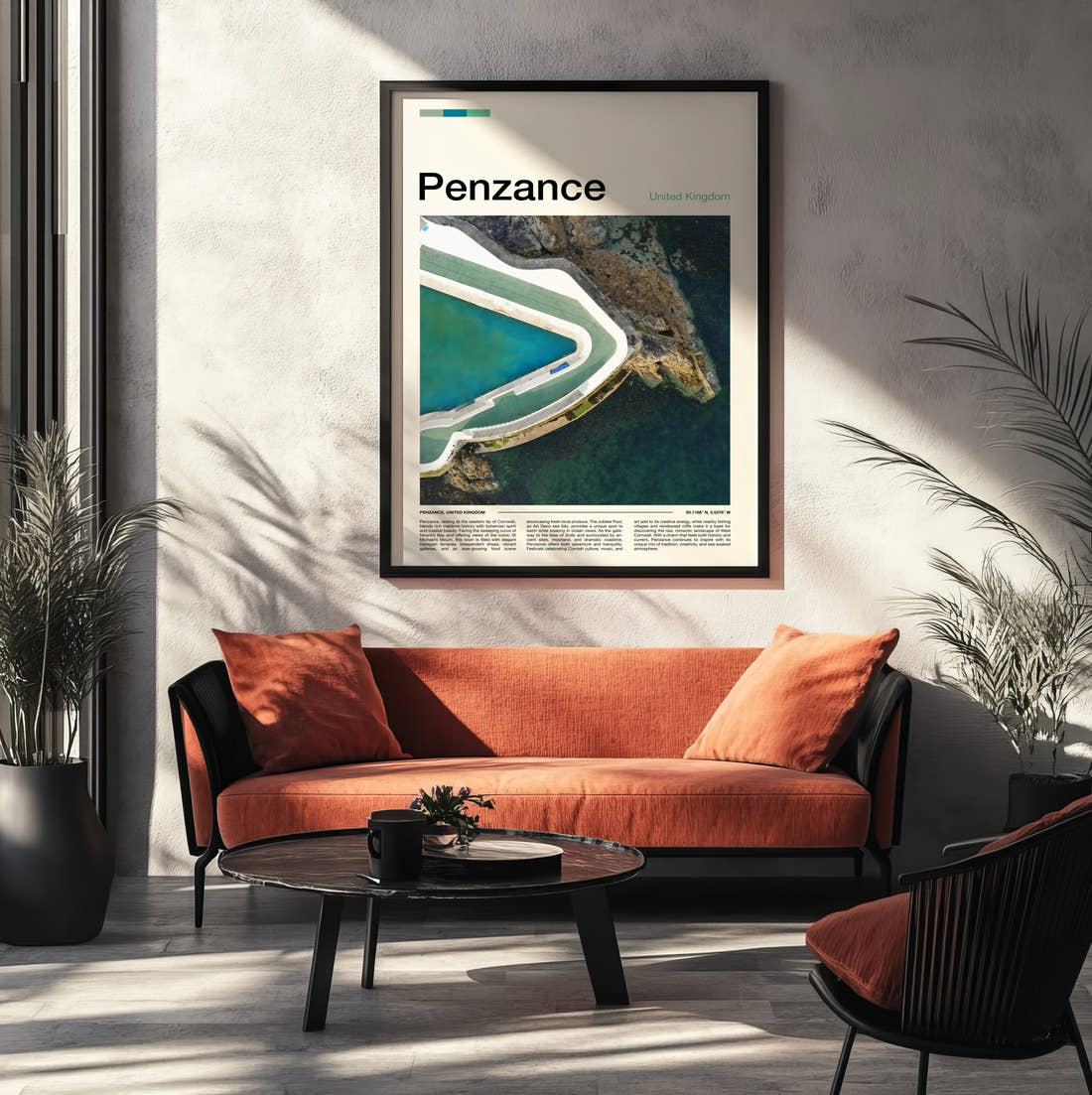 Penzance Jubilee Pool Travel Print framed on the wall of a modern living room
