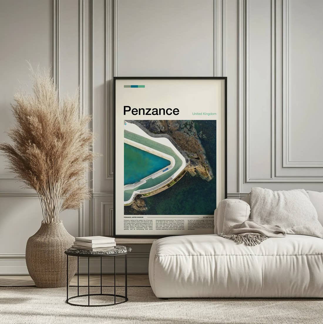 Penzance Jubilee Pool Travel Print framed on the wall of a calm, neutral bedroom