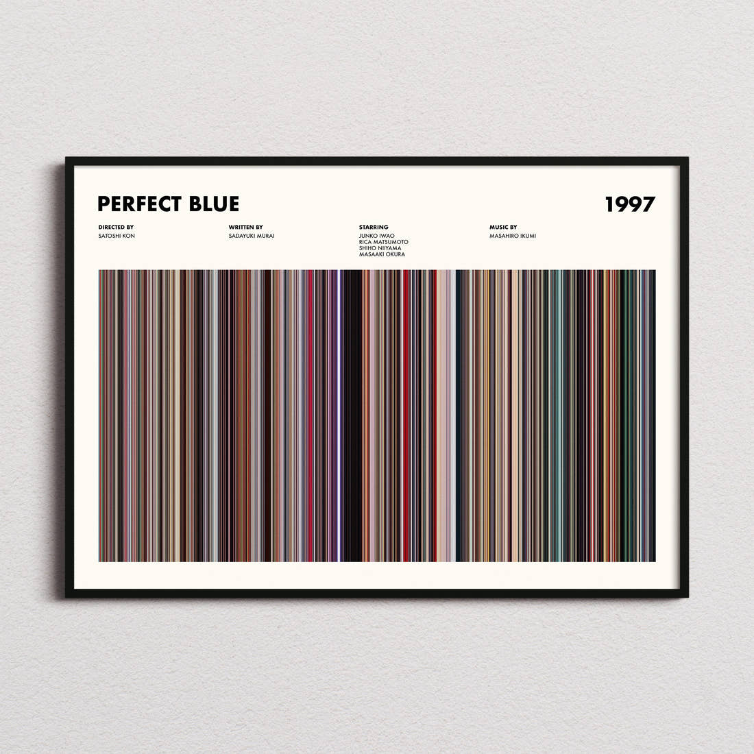 Perfect Blue Movie Barcode Poster framed and photographed straight on