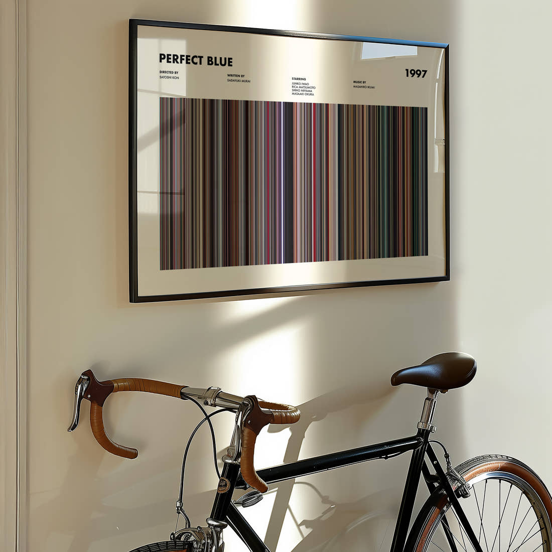 Perfect Blue Movie Barcode Poster framed on the wall of a styled room setting