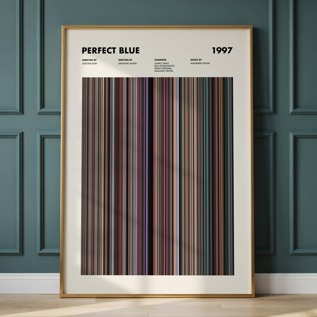 Perfect Blue Movie Barcode Poster framed and leaning against a panelled wall