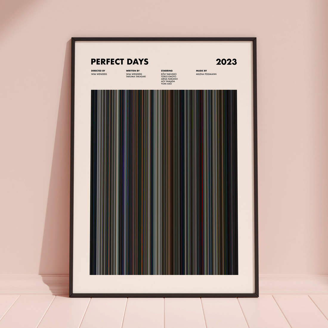 Perfect Days Movie Barcode Poster framed and leaning against a coloured wall