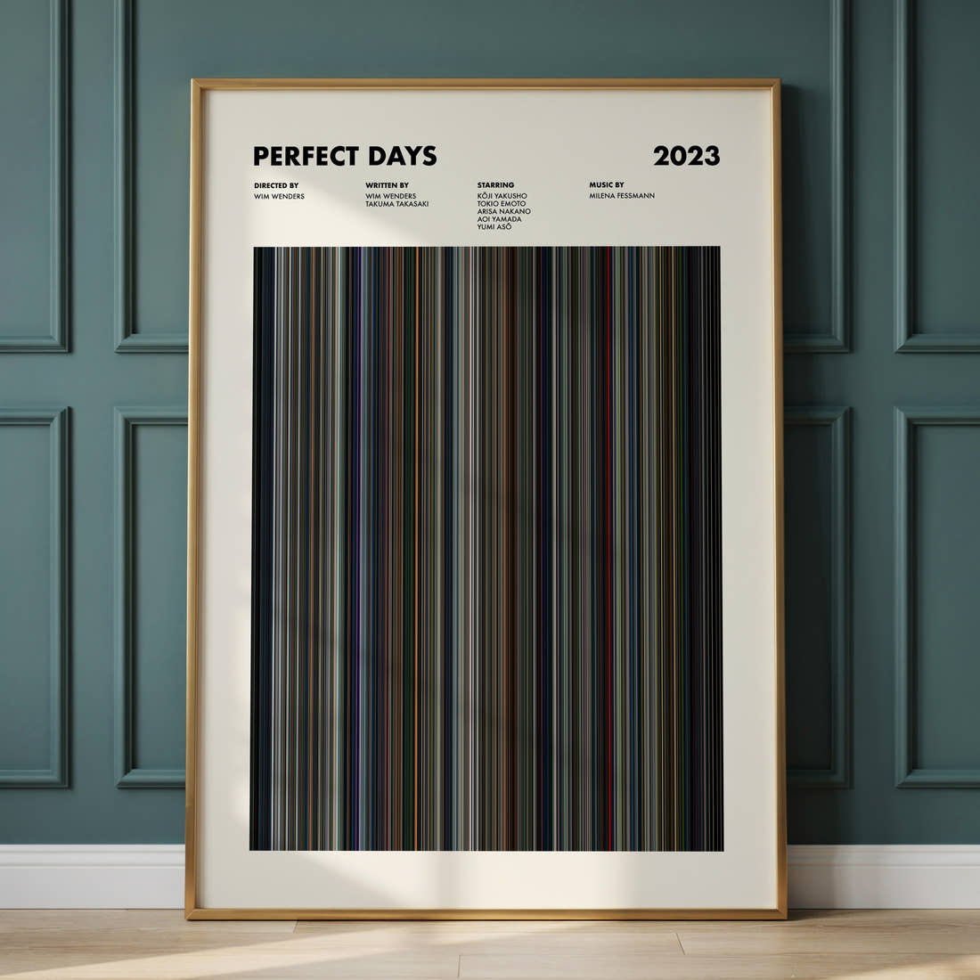 Perfect Days Movie Barcode Poster framed and leaning against a panelled wall