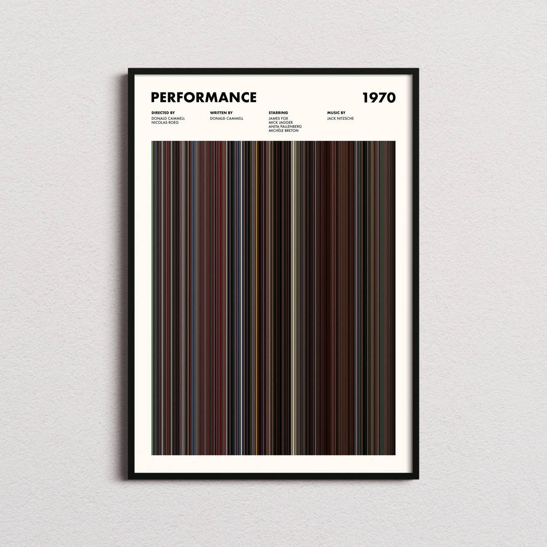 Performance Movie Barcode Poster framed on a plain studio wall