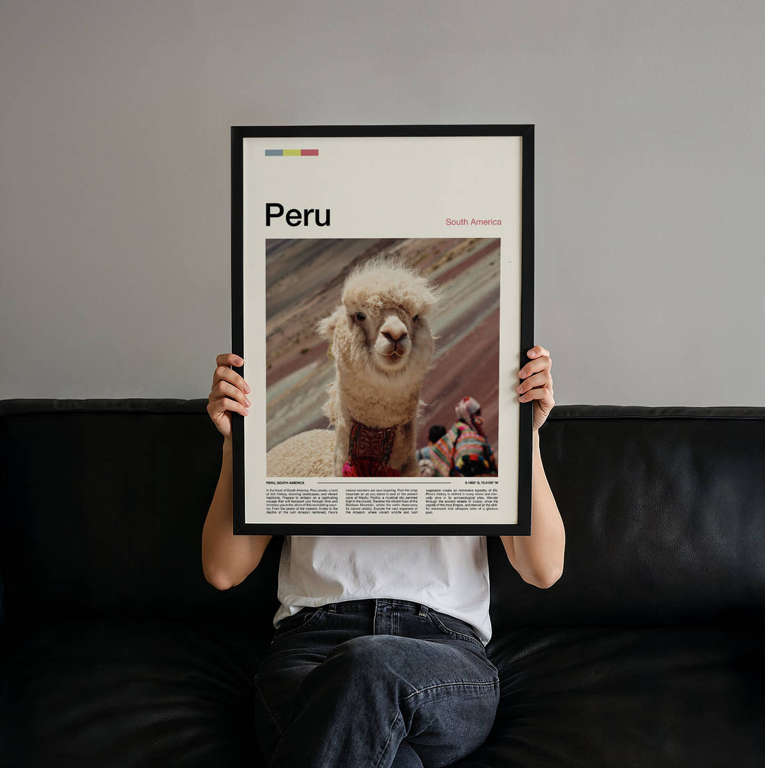 Peru Llama Close-Up Travel Print held up by hand to show the size of the print