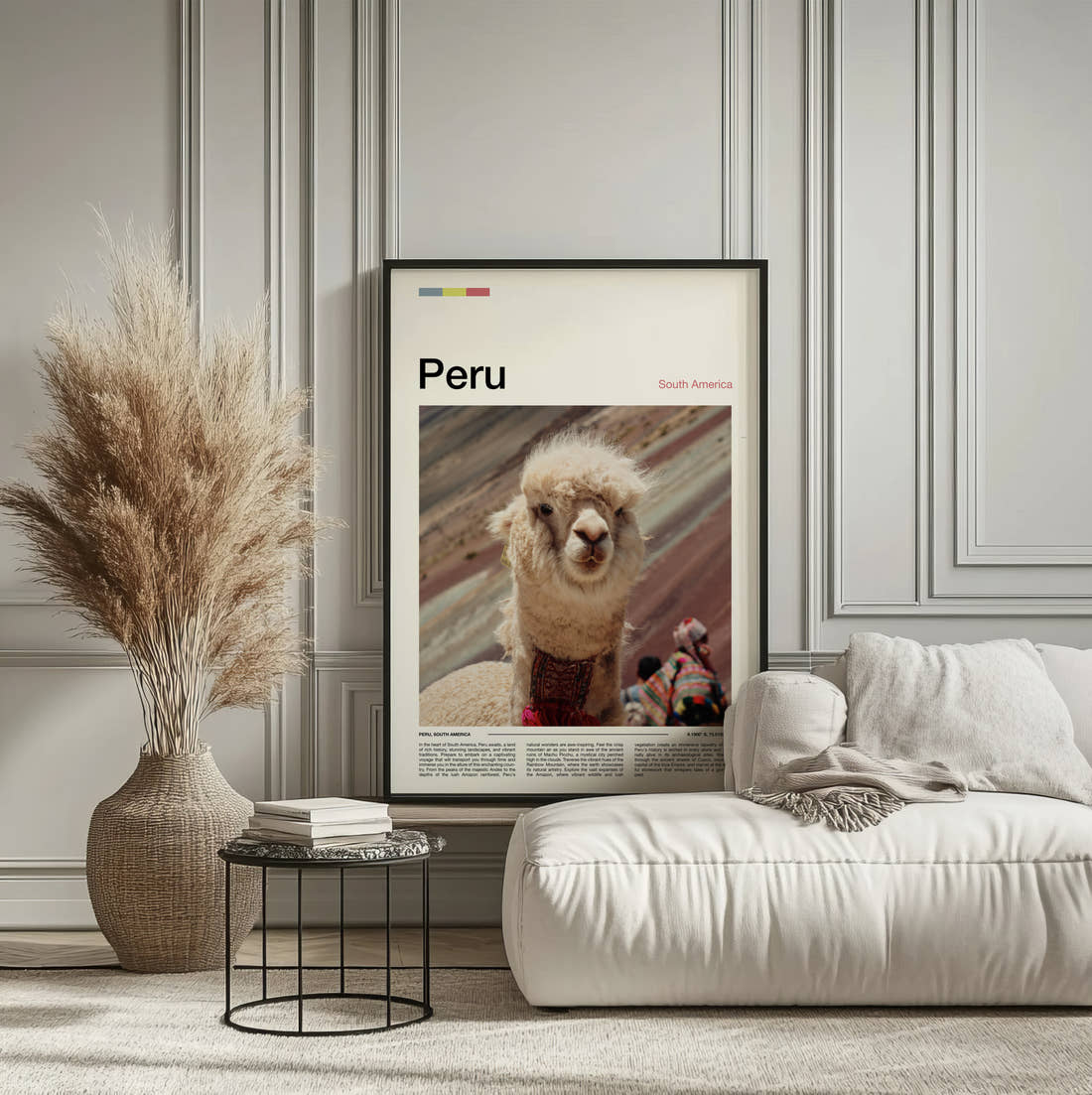 Peru Llama Close-Up Travel Print framed on the wall of a calm, neutral bedroom