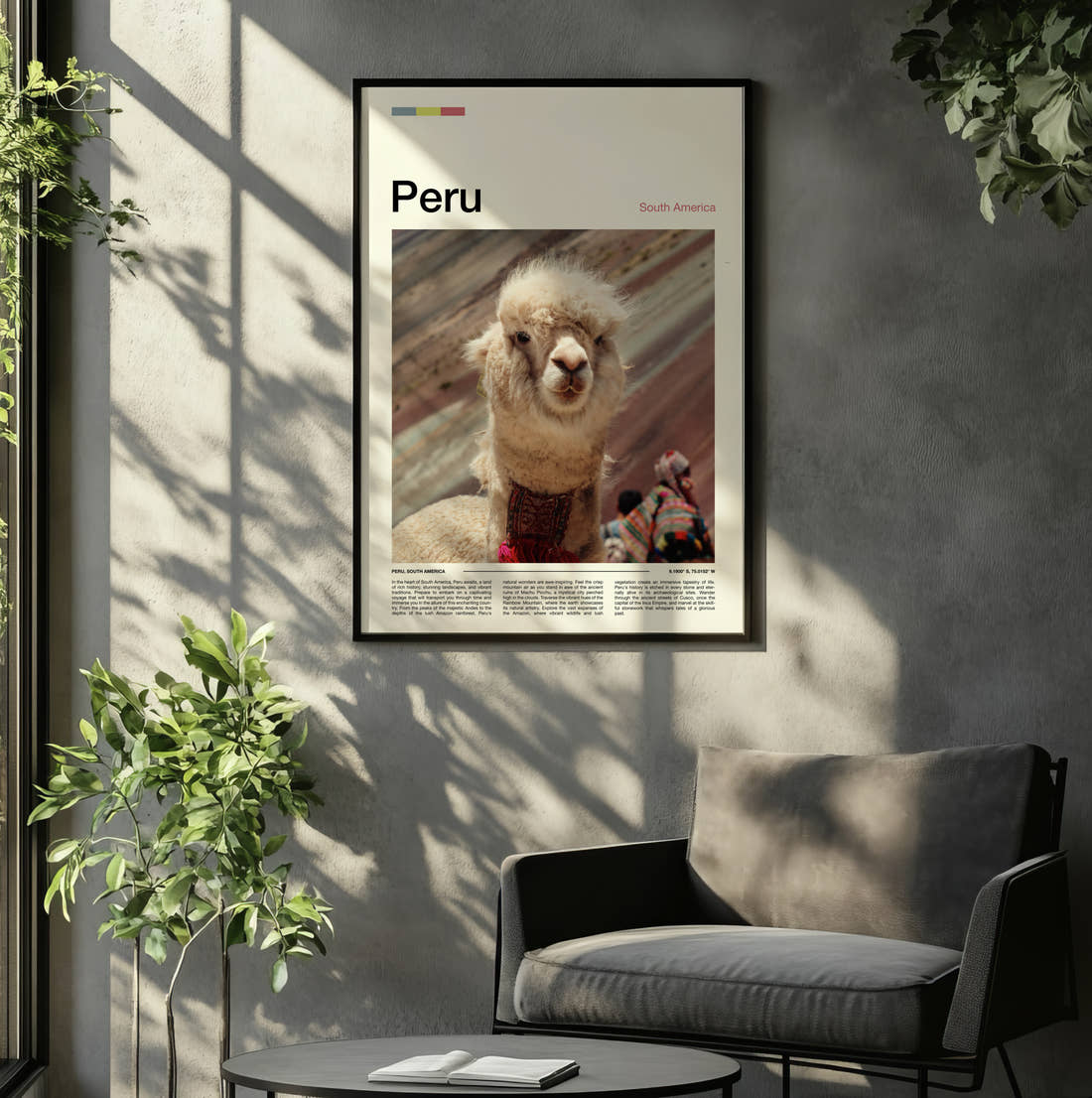 Peru Llama Close-Up Travel Print framed on the wall of a relaxed living room