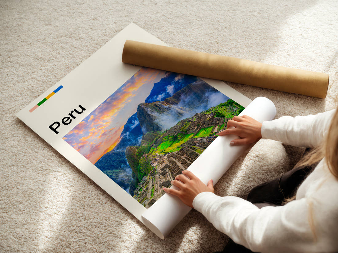 Peru Machu Picchu Travel Print being unrolled from its postal tube