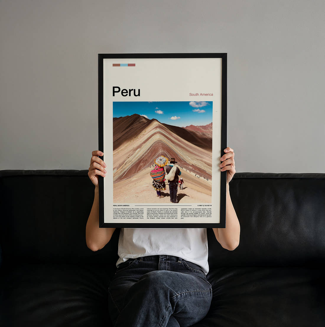 Peru Rainbow Mountain Travel Print held up by hand to show the size of the print
