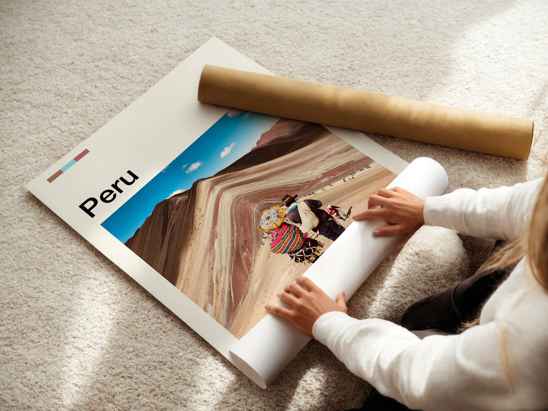 Peru Rainbow Mountain Travel Print being unrolled from its postal tube