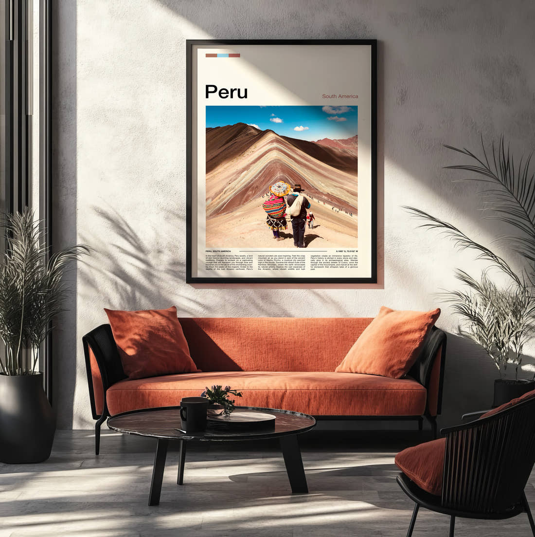 Peru Rainbow Mountain Travel Print framed on the wall of a modern living room