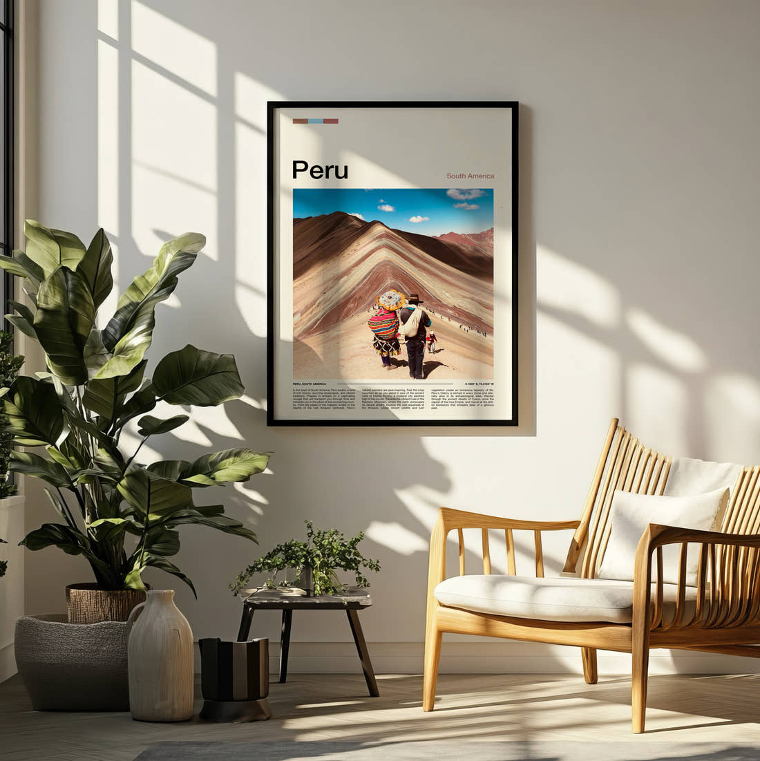 Peru Rainbow Mountain Travel Print framed on a pale wall beside houseplants