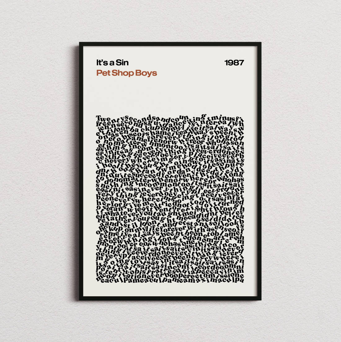 Pet Shop Boys It’s a Sin Lyric Print in the cream colourway, framed