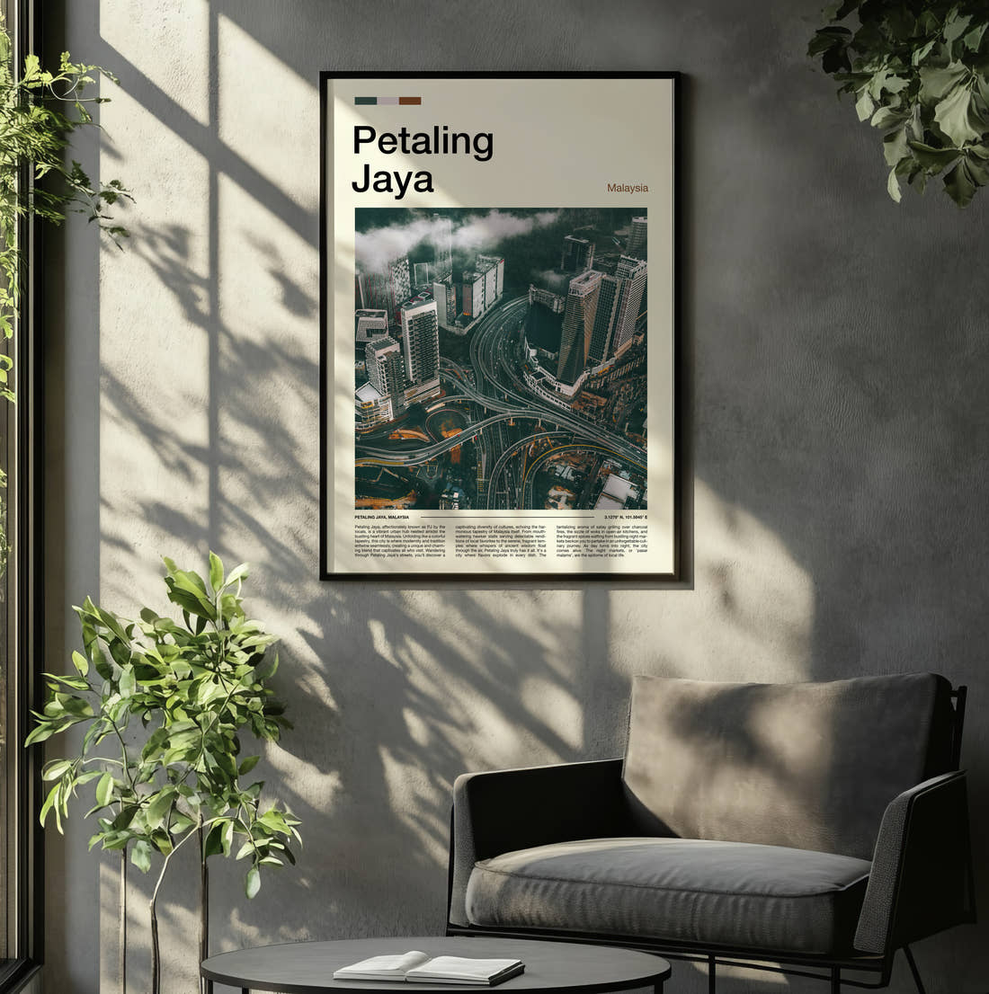 Petaling Aerial View Of Interchange Travel Print framed on the wall of a relaxed living room