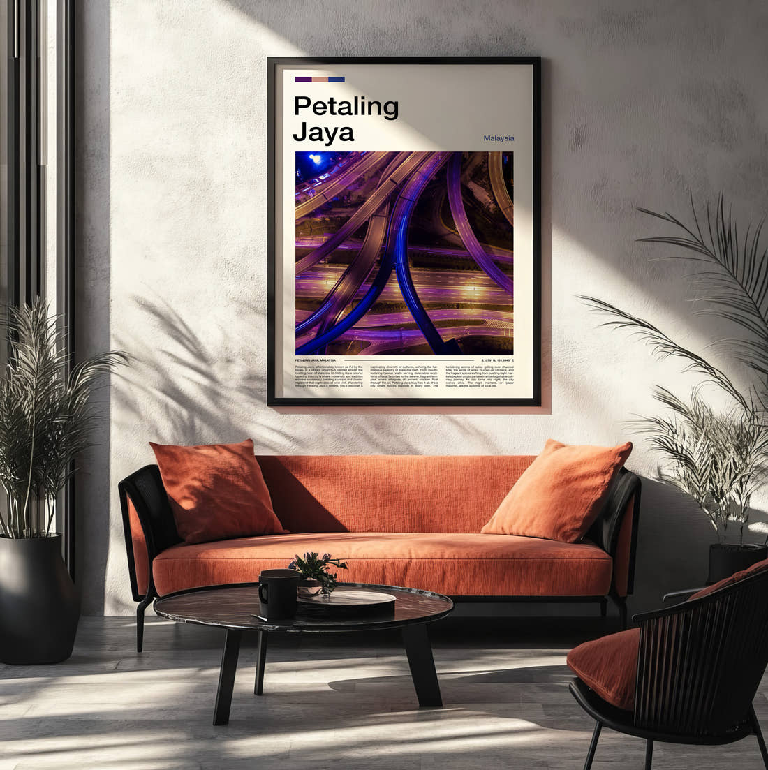 Petaling Highway Interchange At Night Travel Print framed on the wall of a modern living room