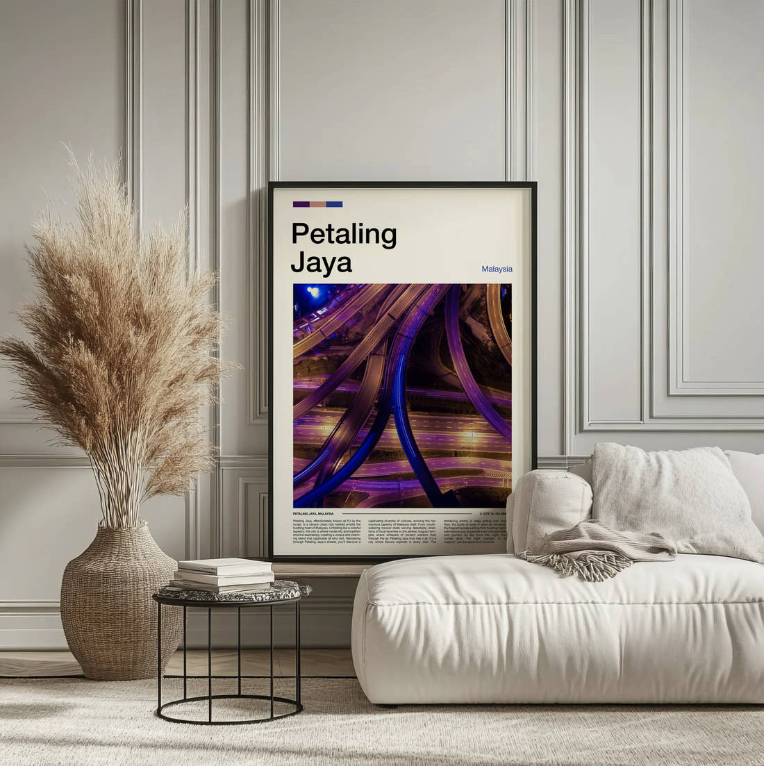 Petaling Highway Interchange At Night Travel Print framed on the wall of a calm, neutral bedroom