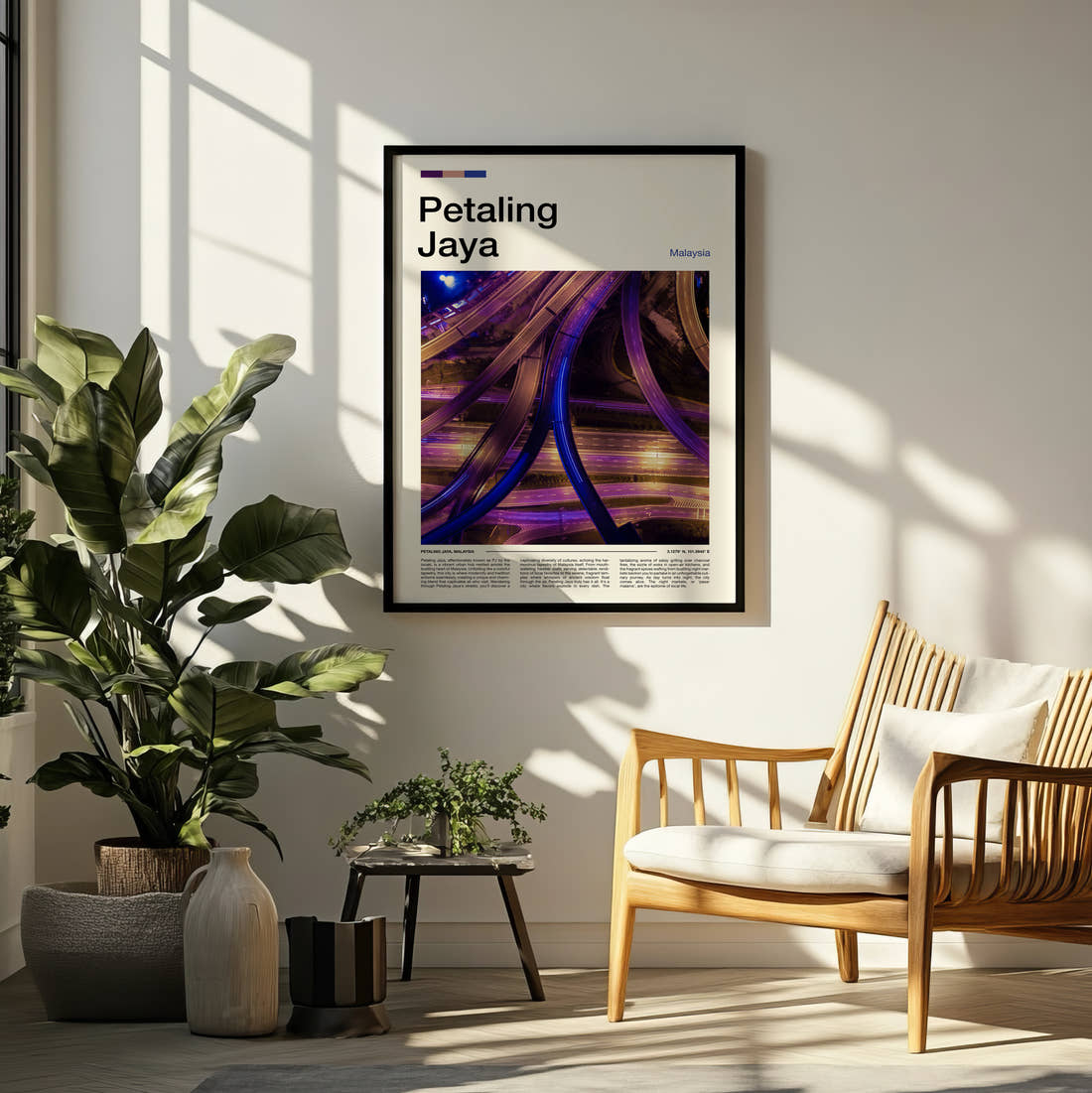 Petaling Highway Interchange At Night Travel Print framed on a pale wall beside houseplants