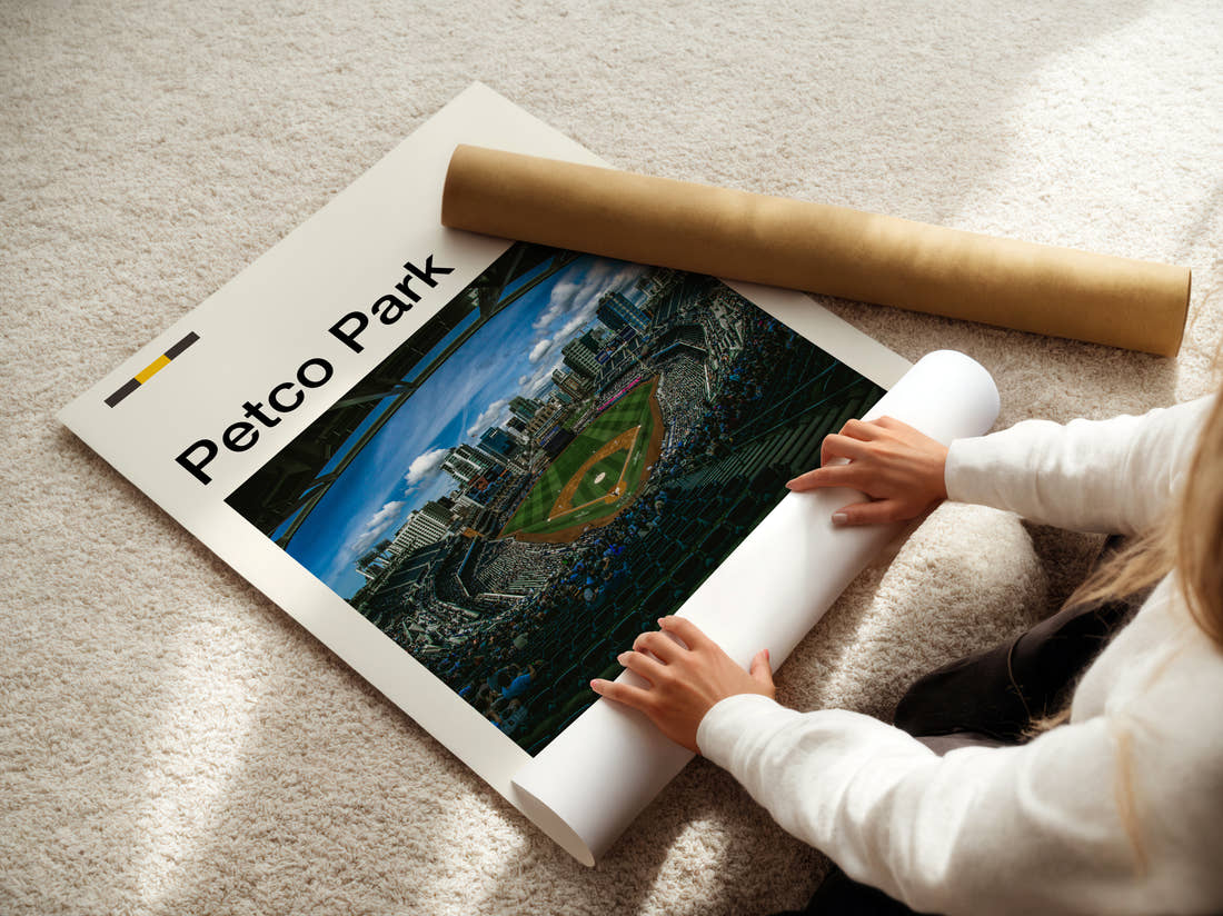 Petco Park Stadium Print being unrolled from its postal tube