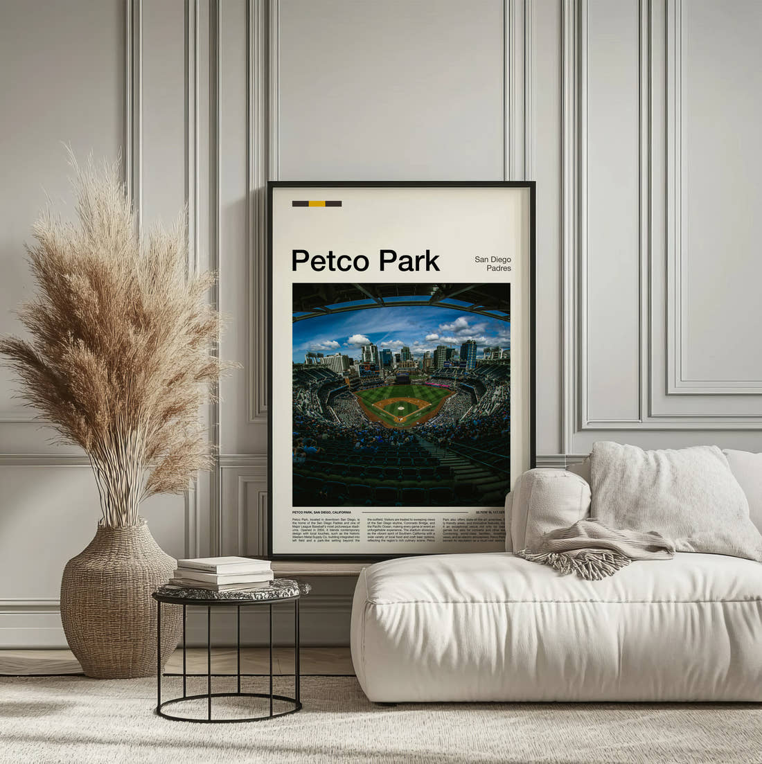 Petco Park Stadium Print framed on the wall of a calm, neutral bedroom