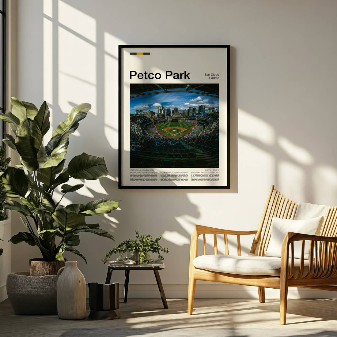 Petco Park Stadium Print framed on a pale wall beside houseplants
