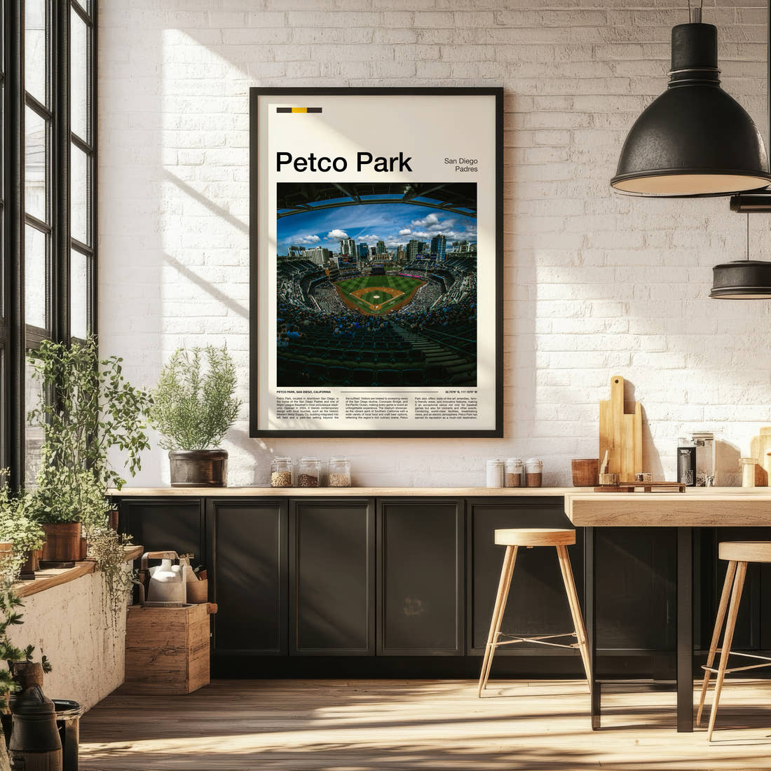 Petco Park Stadium Print framed on the wall of a bright kitchen and dining space