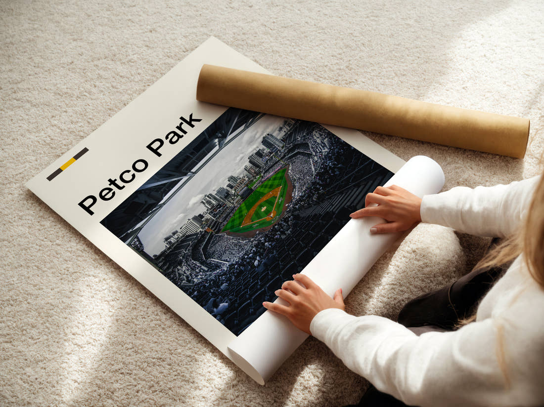 Petco Park Stadium Print being unrolled from its postal tube