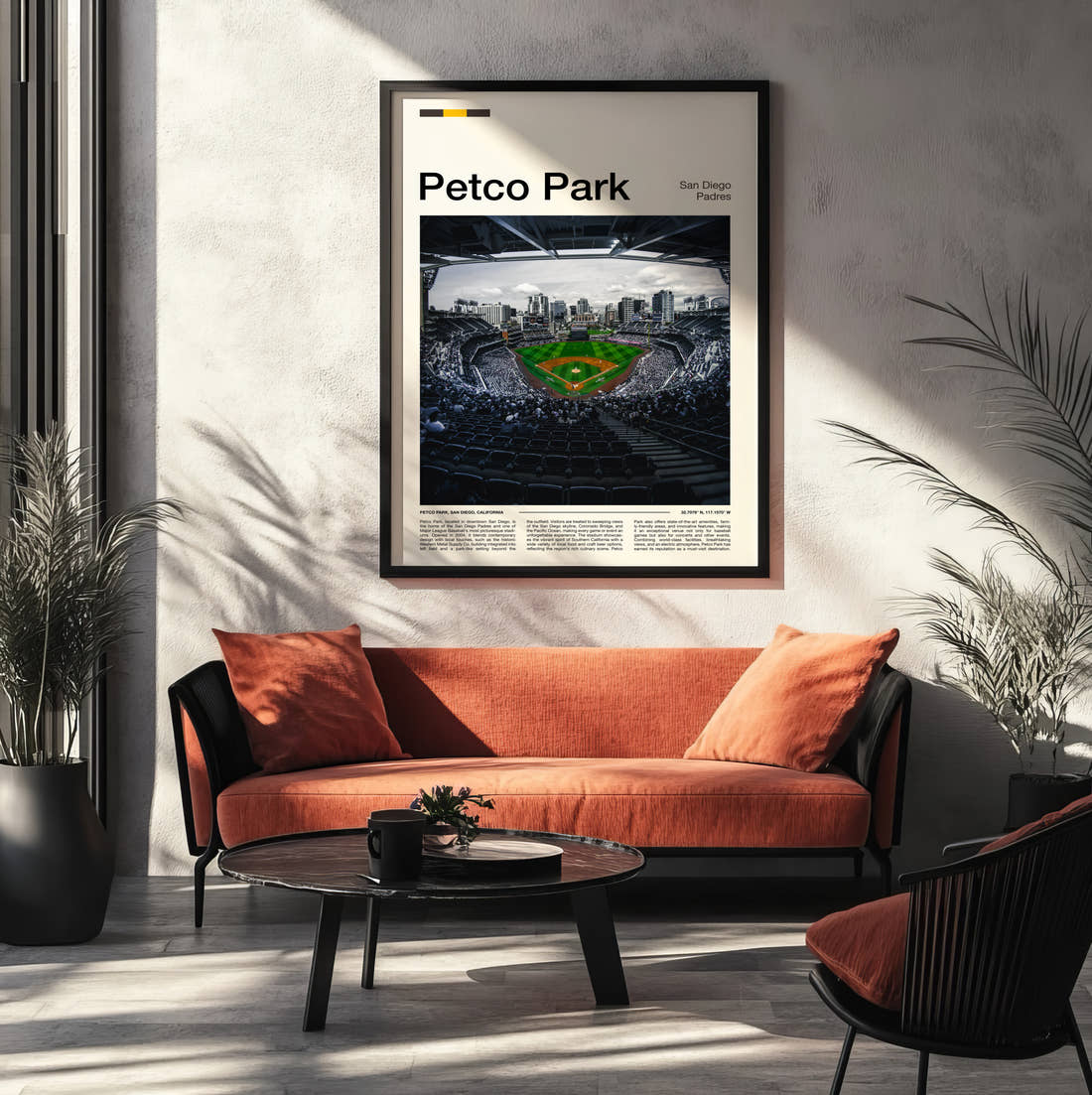 Petco Park Stadium Print framed on the wall of a modern living room