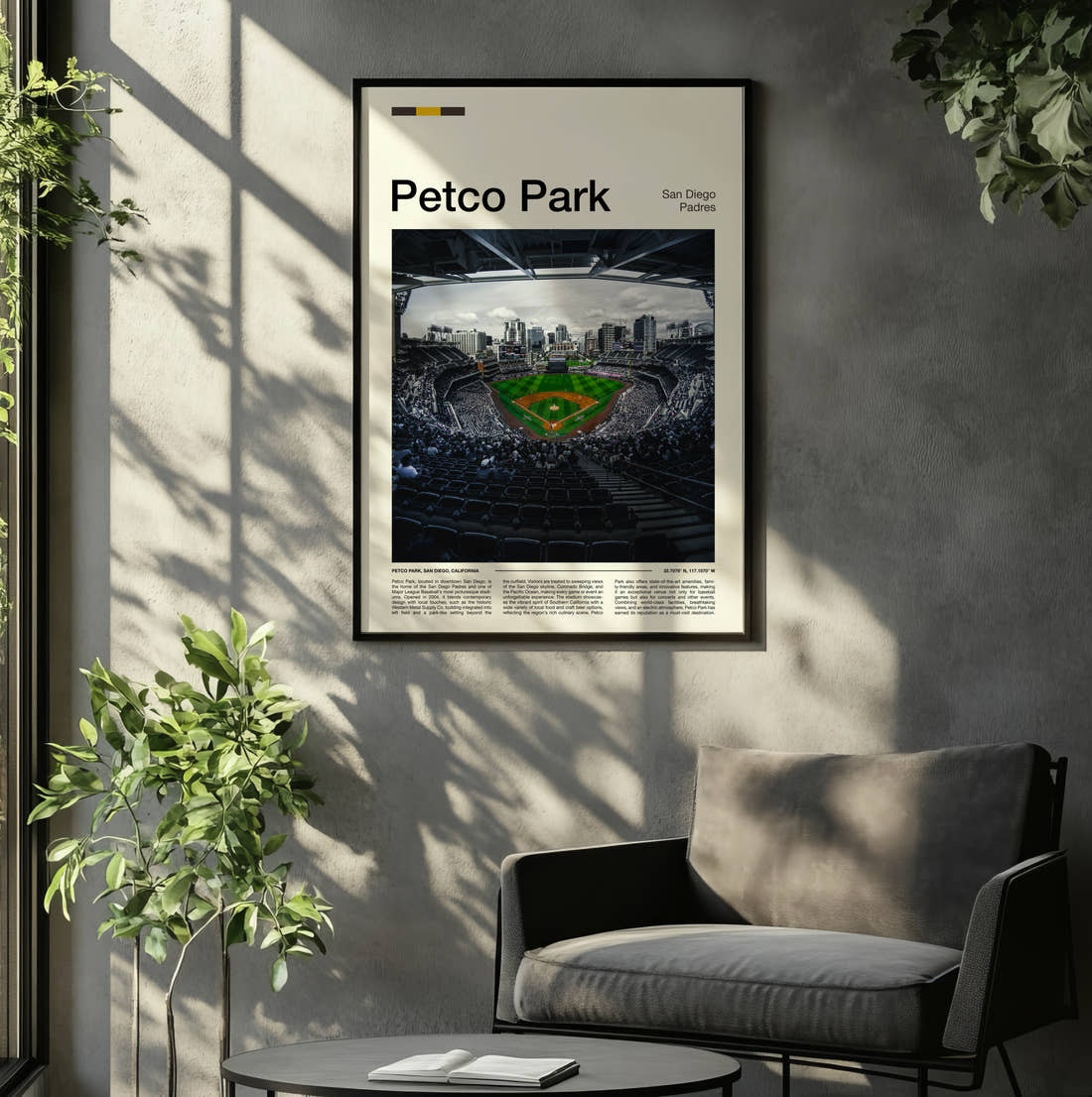 Petco Park Stadium Print framed on the wall of a relaxed living room