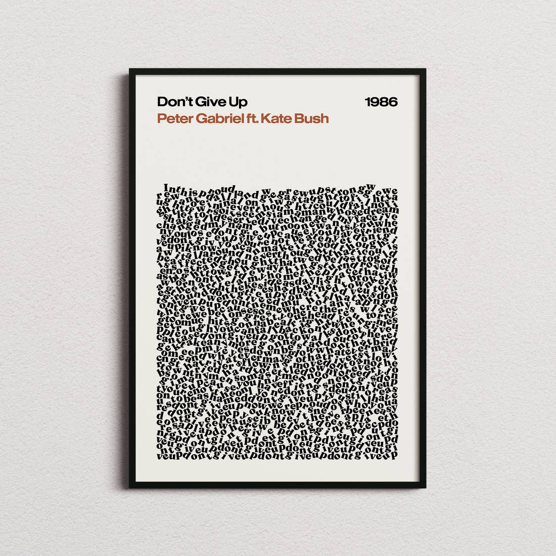 Peter Gabriel ft. Kate Bush Don't Give Up Lyric Print in the cream colourway, framed